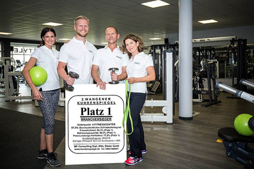 Vier Teammitglieder im Fitnessstudio präsentieren eine große Auszeichnungstafel für den ersten Platz im Kundenspiegel.